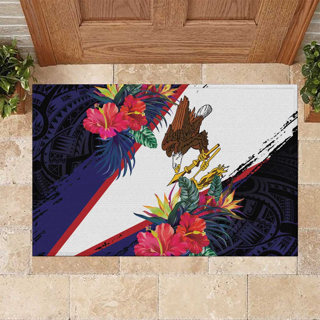 American Samoa Flag Day Since 1900 Rubber Doormat Samoa Muamua Le Atua Tropical Flowers LT9 Blue - Polynesian Pride