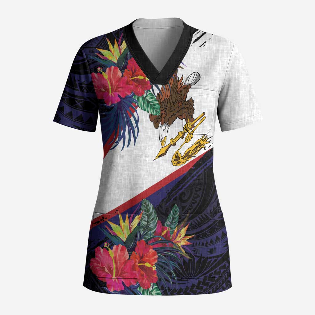 American Samoa Flag Day Since 1900 Scrub Top Samoa Muamua Le Atua Tropical Flowers - Polynesian Pride