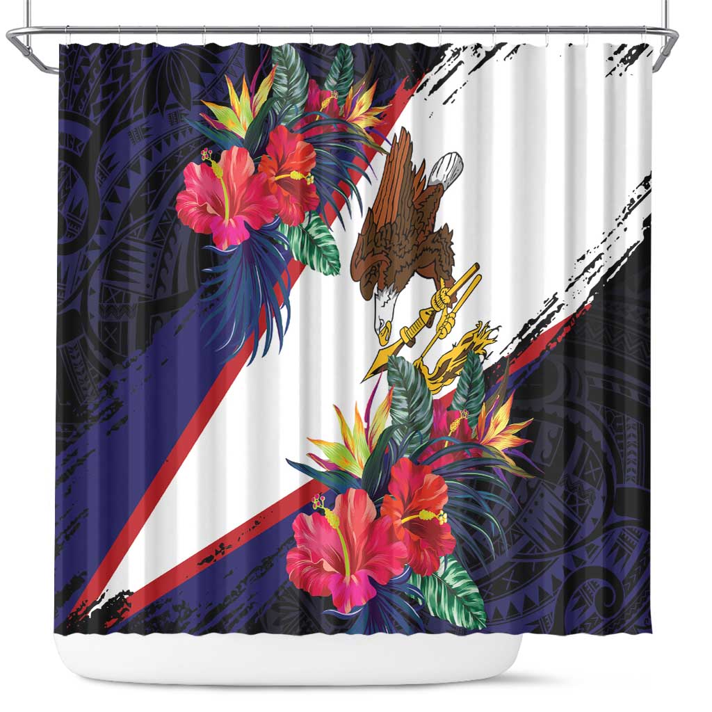 American Samoa Flag Day Since 1900 Shower Curtain Samoa Muamua Le Atua Tropical Flowers LT9 Blue - Polynesian Pride