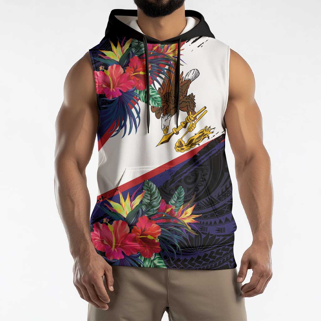 American Samoa Flag Day Since 1900 Sleeveless Hoodie Samoa Muamua Le Atua Tropical Flowers - Polynesian Pride