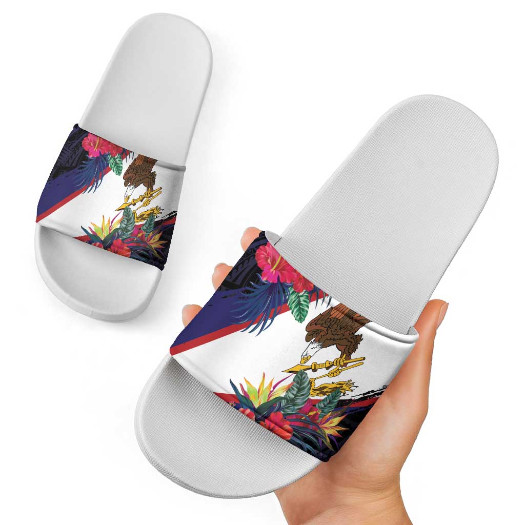 American Samoa Flag Day Since 1900 Slide Sandals Samoa Muamua Le Atua Tropical Flowers - Polynesian Pride