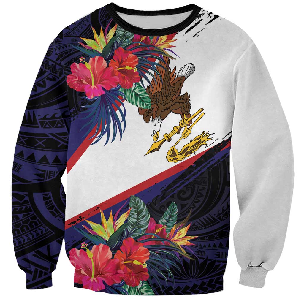American Samoa Flag Day Since 1900 Sweatshirt Samoa Muamua Le Atua Tropical Flowers LT9 Unisex Blue - Polynesian Pride