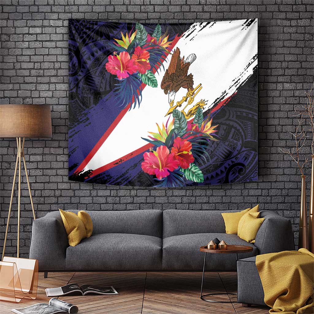 American Samoa Flag Day Since 1900 Tapestry Samoa Muamua Le Atua Tropical Flowers LT9 Blue - Polynesian Pride