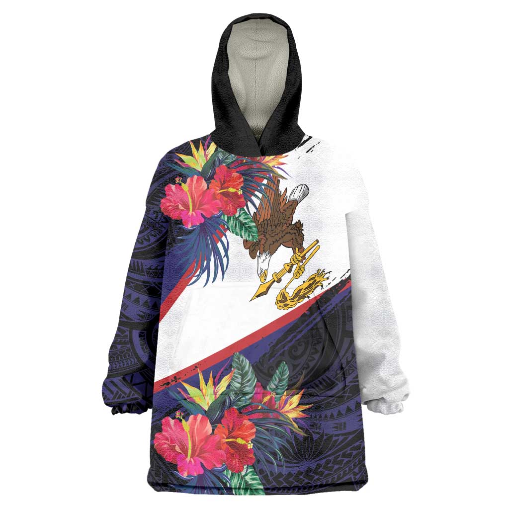 American Samoa Flag Day Since 1900 Wearable Blanket Hoodie Samoa Muamua Le Atua Tropical Flowers LT9 One Size Blue - Polynesian Pride