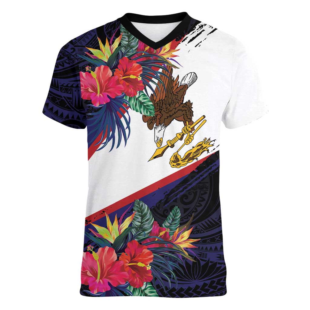 American Samoa Flag Day Since 1900 Women V-Neck T-Shirt Samoa Muamua Le Atua Tropical Flowers LT9 Female Blue - Polynesian Pride
