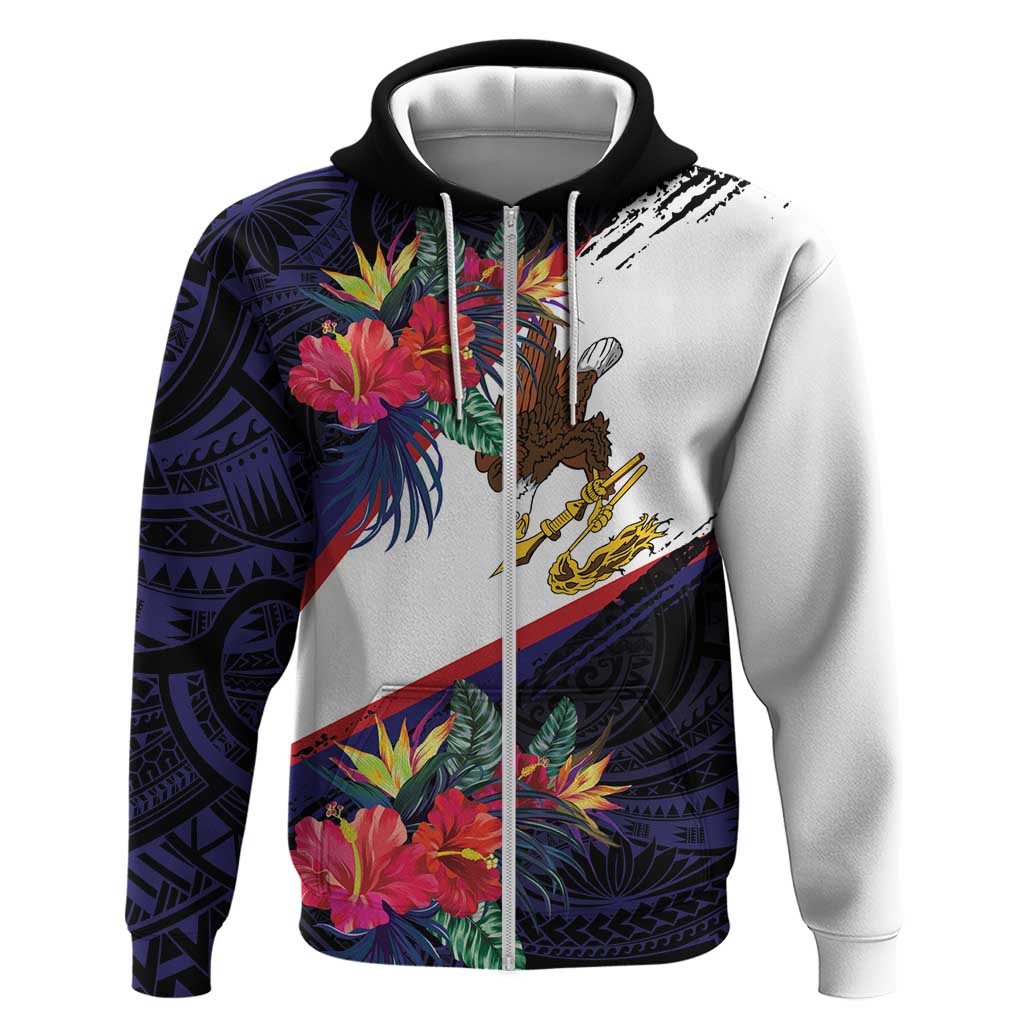 American Samoa Flag Day Since 1900 Zip Hoodie Samoa Muamua Le Atua Tropical Flowers LT9 Zip Hoodie Blue - Polynesian Pride