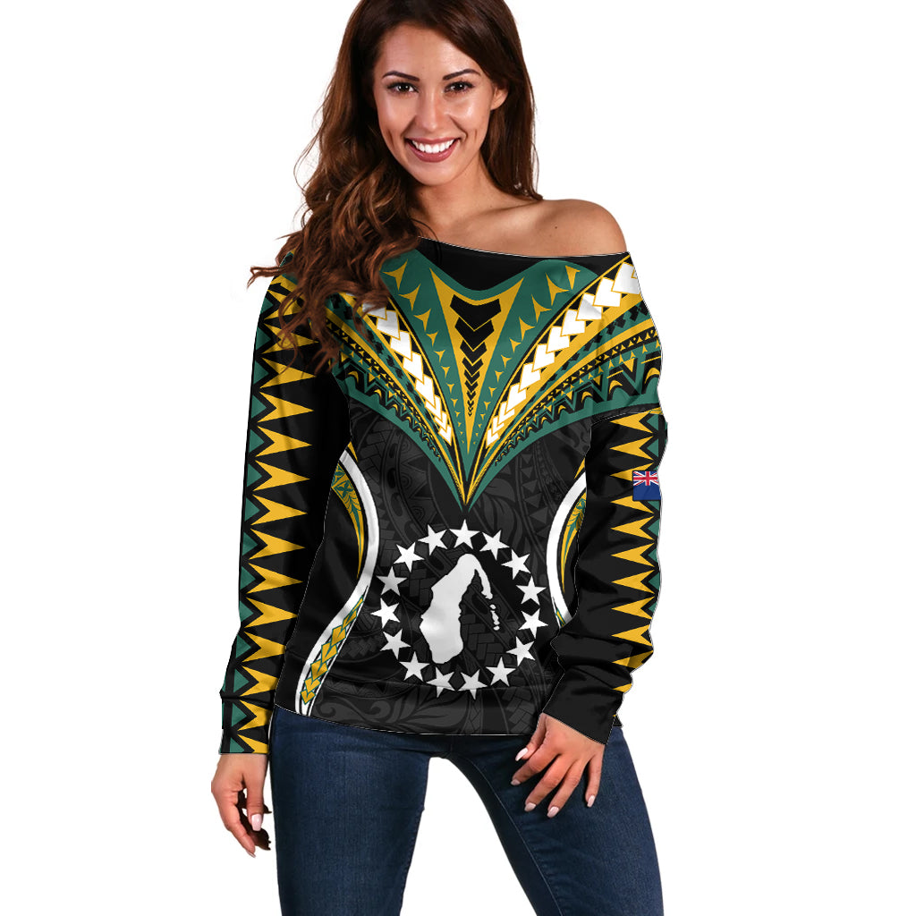 Polynesian Pride Aitutaki Island Off Shoulder Sweater Cook Islands Tribal Wave Style LT9 Women Black - Polynesian Pride