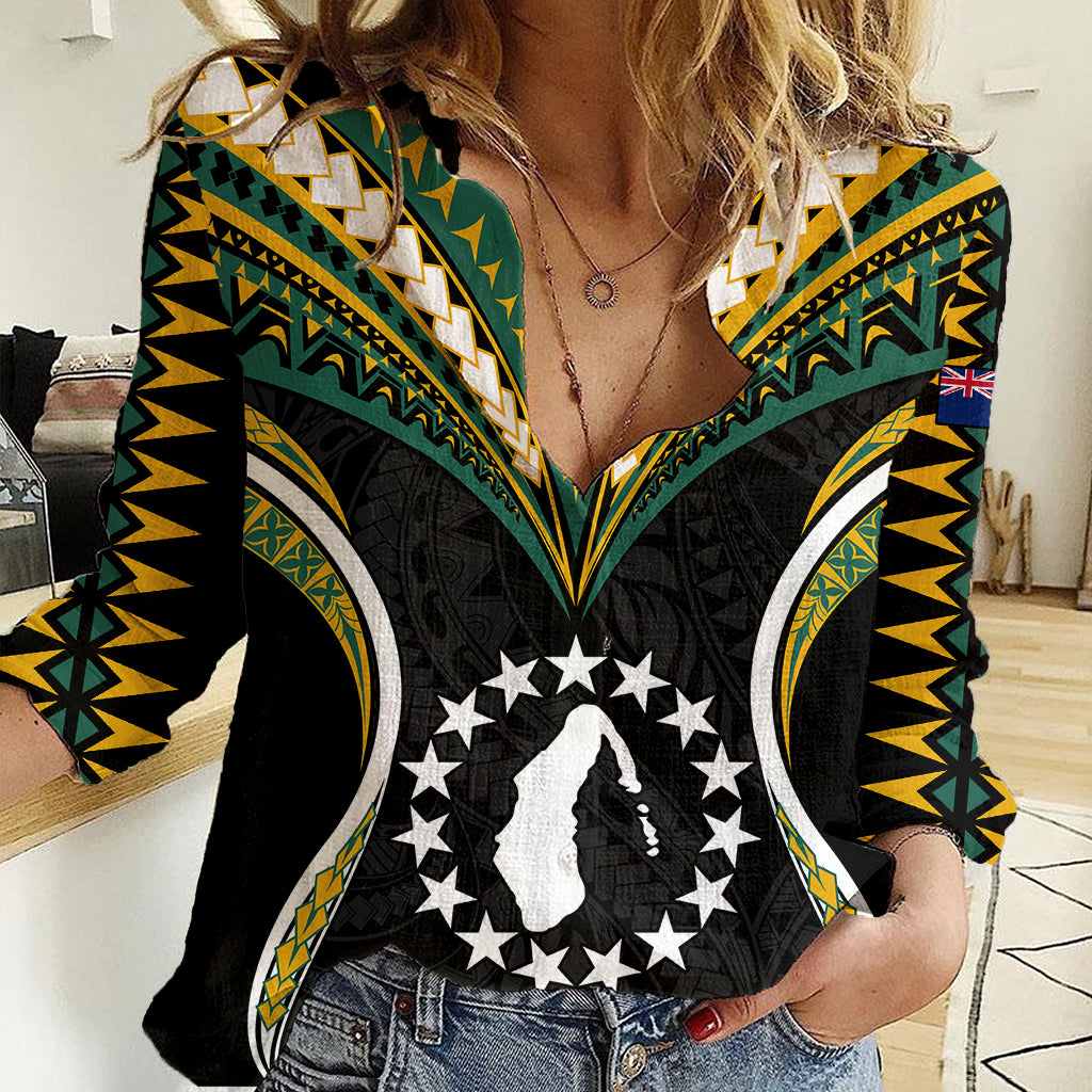 Polynesian Pride Aitutaki Island Women Casual Shirt Cook Islands Tribal Wave Style LT9 Female Black - Polynesian Pride