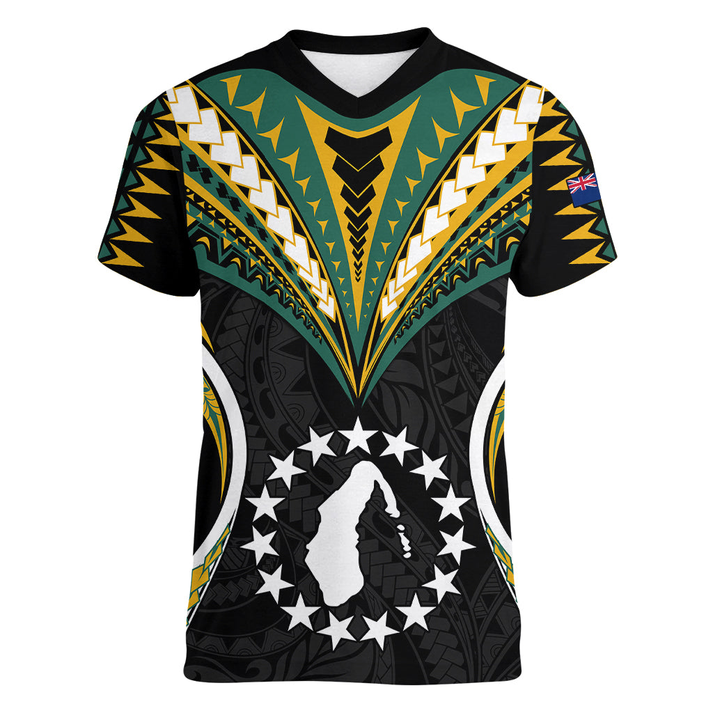 (Personalised) Polynesian Pride Aitutaki Island Women V Neck T Shirt Cook Islands Tribal Wave Style LT9 Female Black - Polynesian Pride