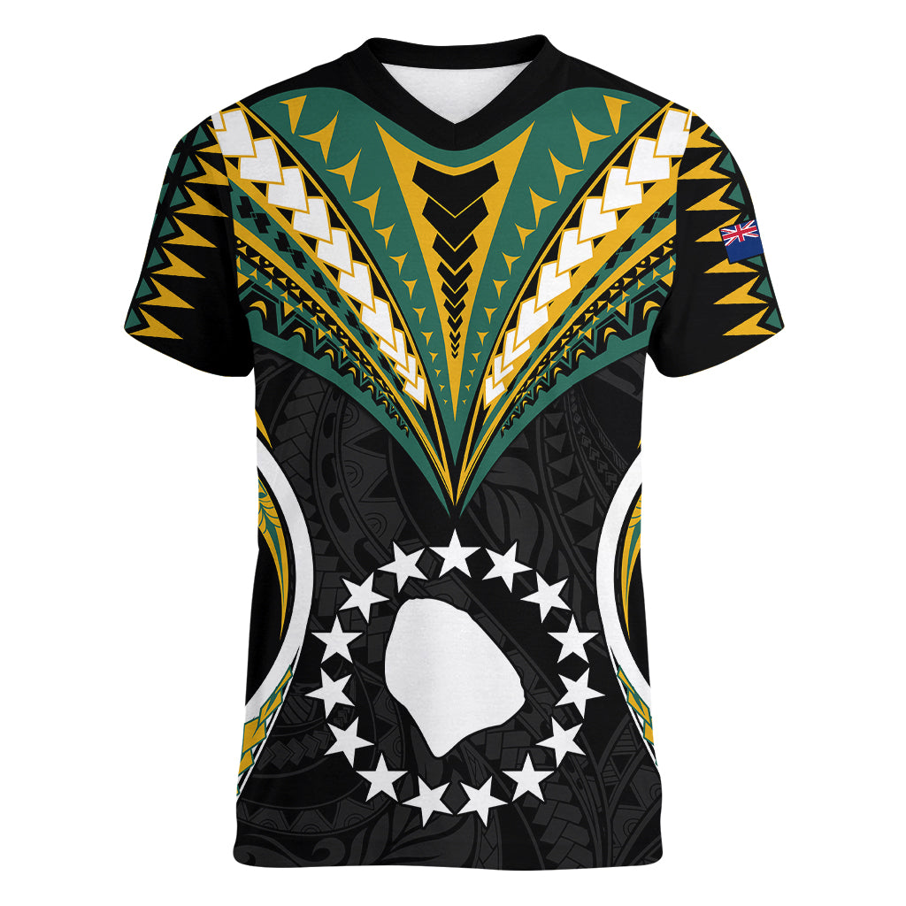 (Personalised) Polynesian Pride Atiu Island Women V Neck T Shirt Cook Islands Tribal Wave Style LT9 Female Black - Polynesian Pride