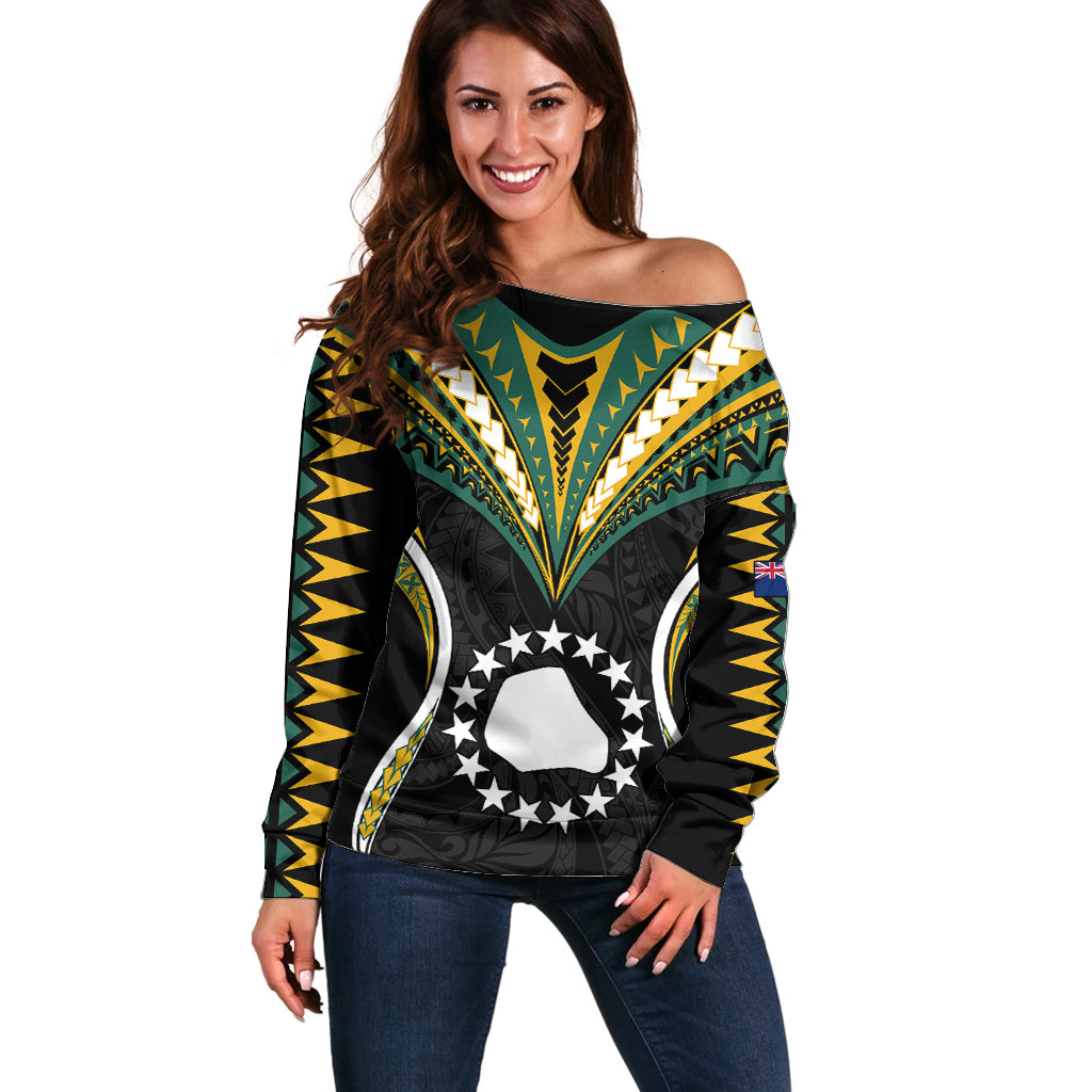 (Personalised) Polynesian Pride Mangaia Island Off Shoulder Sweater Cook Islands Tribal Wave Style LT9 Women Black - Polynesian Pride