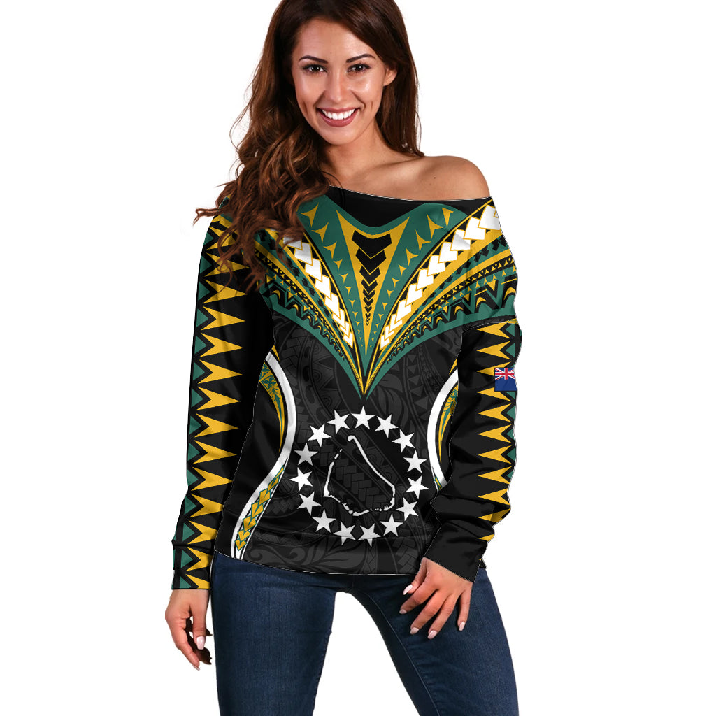 Polynesian Pride Manihiki Island Off Shoulder Sweater Cook Islands Tribal Wave Style LT9 Women Black - Polynesian Pride