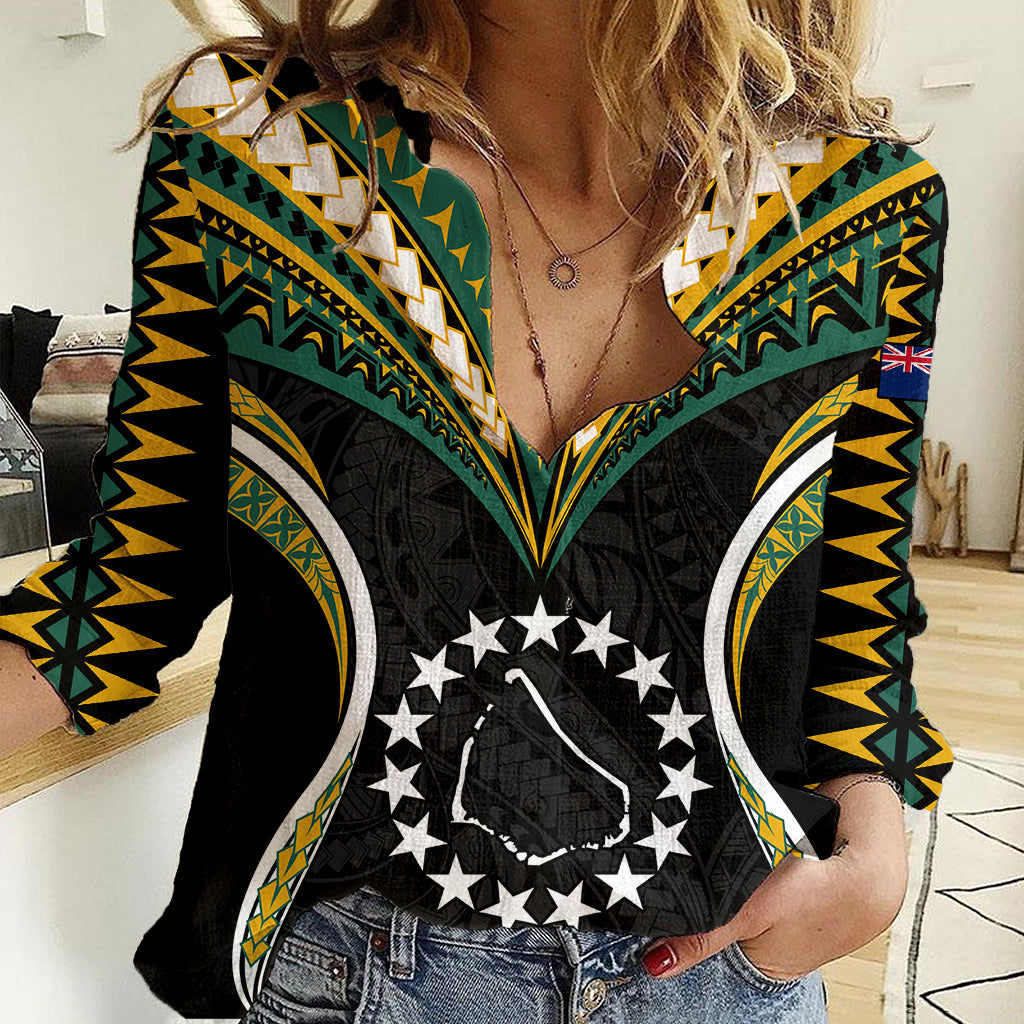 Polynesian Pride Manihiki Island Women Casual Shirt Cook Islands Tribal Wave Style LT9 Female Black - Polynesian Pride