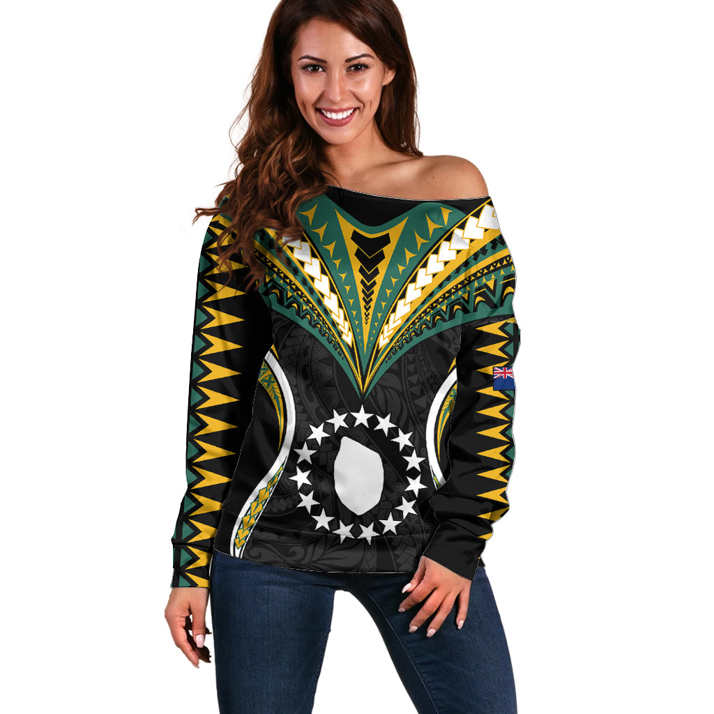Polynesian Pride Mauke Island Off Shoulder Sweater Cook Islands Tribal Wave Style LT9 Women Black - Polynesian Pride