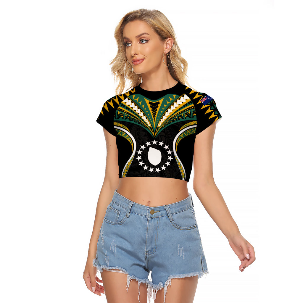 (Personalised) Polynesian Pride Mauke Island Raglan Cropped T Shirt Cook Islands Tribal Wave Style LT9 Female Black - Polynesian Pride