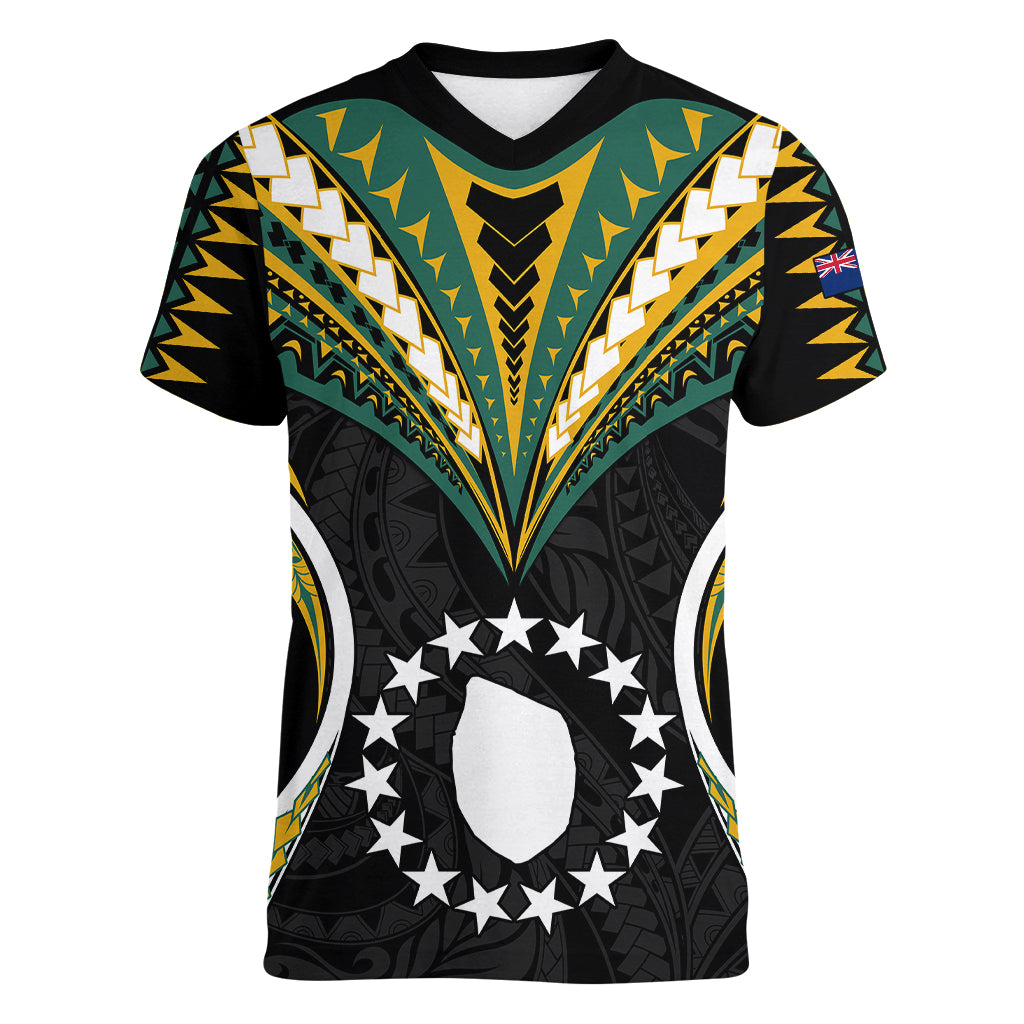 (Personalised) Polynesian Pride Mauke Island Women V Neck T Shirt Cook Islands Tribal Wave Style LT9 Female Black - Polynesian Pride