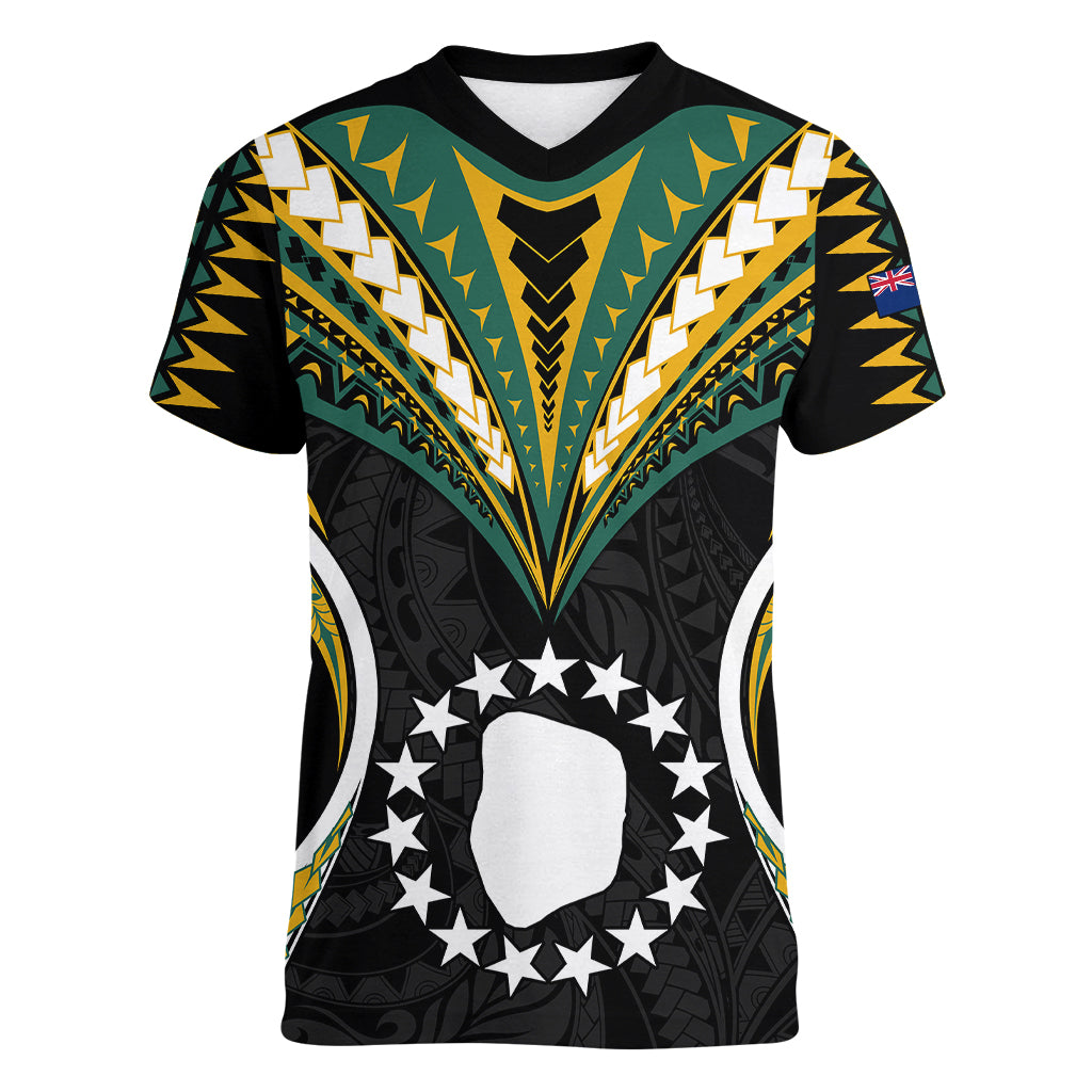 Polynesian Pride Mitiaro Island Women V Neck T Shirt Cook Islands Tribal Wave Style LT9 Female Black - Polynesian Pride