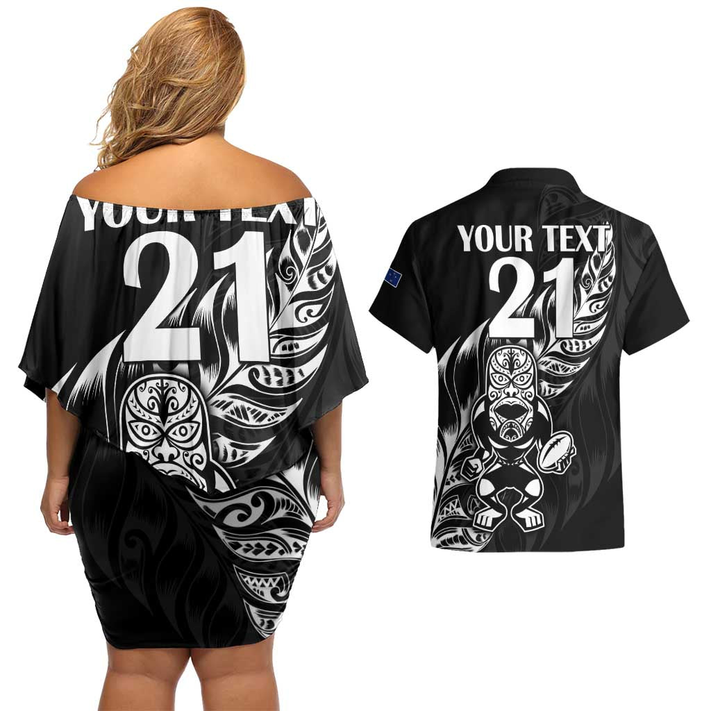 New Zealand Rugby Custom Couples Matching Off Shoulder Short Dress and Hawaiian Shirt Opango All Black Fern