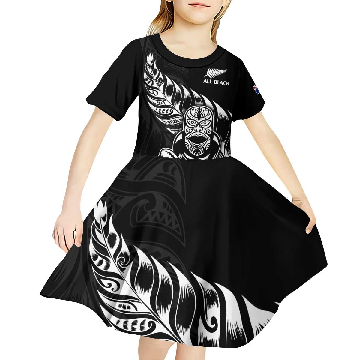 New Zealand Rugby Custom Kid Short Sleeve Dress Opango All Black Fern