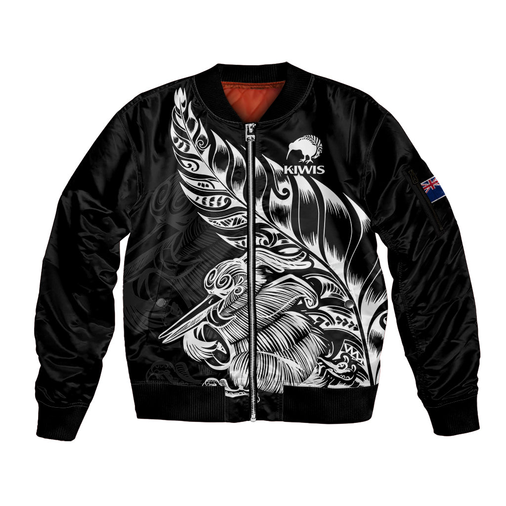 New Zealand Kiwi Rugby Sleeve Zip Bomber Jacket LT9 Unisex Black - Polynesian Pride
