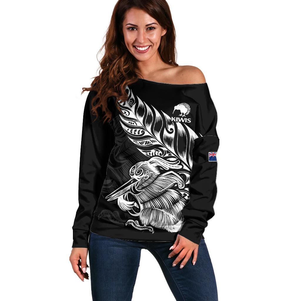 (Custom Text And Number) New Zealand Kiwi Rugby Off Shoulder Sweater LT9 Women Black - Polynesian Pride