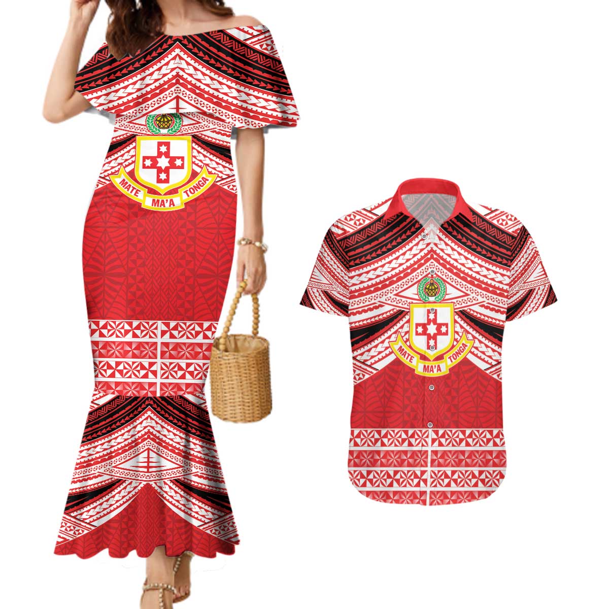 Personalised Kolisi Tonga College Atele Couples Matching Mermaid Dress and Hawaiian Shirt Polynesian Ngatu Tribal