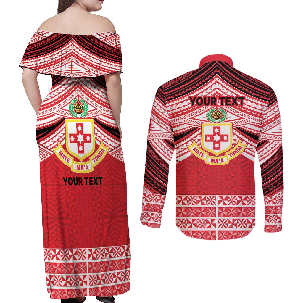 Personalised Kolisi Tonga College Atele Couples Matching Off Shoulder Maxi Dress and Long Sleeve Button Shirt Polynesian Ngatu Tribal