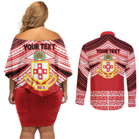 Personalised Kolisi Tonga College Atele Couples Matching Off Shoulder Short Dress and Long Sleeve Button Shirt Polynesian Ngatu Tribal