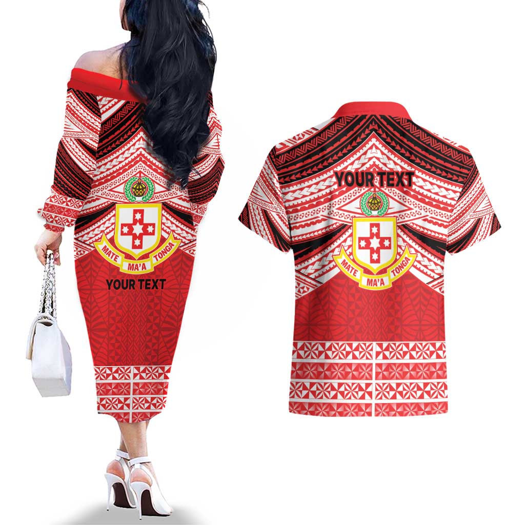 Personalised Kolisi Tonga College Atele Couples Matching Off The Shoulder Long Sleeve Dress and Hawaiian Shirt Polynesian Ngatu Tribal