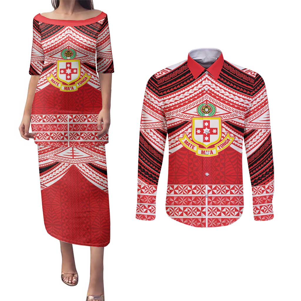 Personalised Kolisi Tonga College Atele Couples Matching Puletasi and Long Sleeve Button Shirt Polynesian Ngatu Tribal