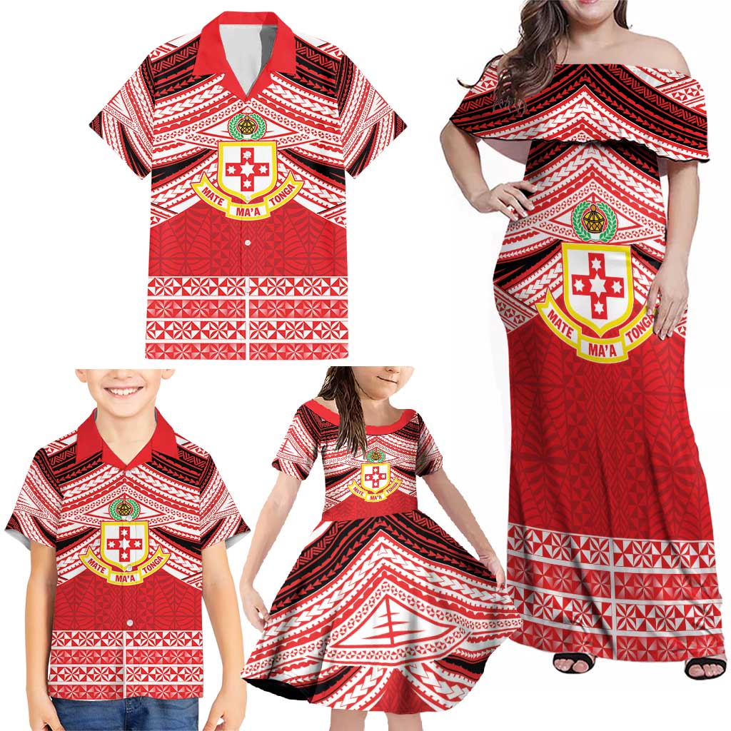 Personalised Kolisi Tonga College Atele Family Matching Off Shoulder Maxi Dress and Hawaiian Shirt Polynesian Ngatu Tribal