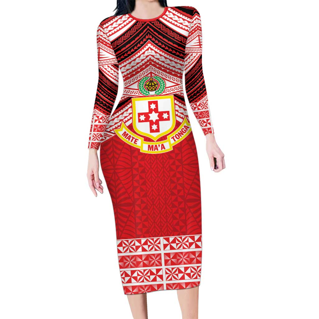 Personalised Kolisi Tonga College Atele Long Sleeve Bodycon Dress Polynesian Ngatu Tribal