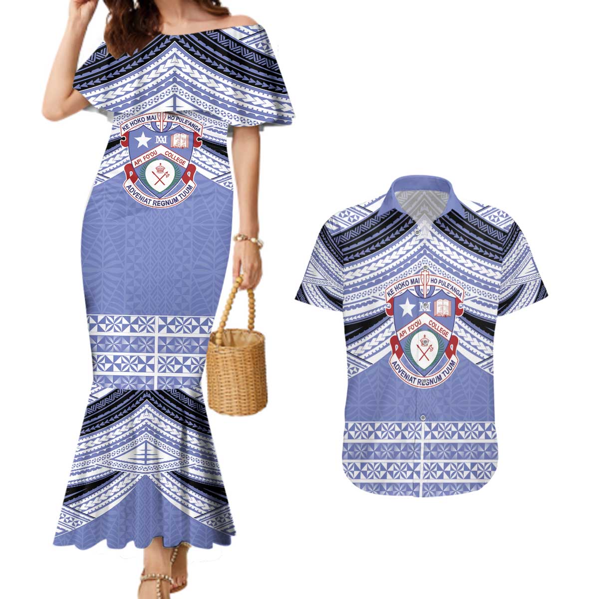 Personalised Tonga Apifoou College Couples Matching Mermaid Dress and Hawaiian Shirt Polynesian Ngatu Tribal