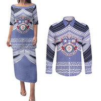 Personalised Tonga Apifoou College Couples Matching Puletasi and Long Sleeve Button Shirt Polynesian Ngatu Tribal