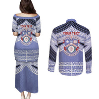 Personalised Tonga Apifoou College Couples Matching Puletasi and Long Sleeve Button Shirt Polynesian Ngatu Tribal