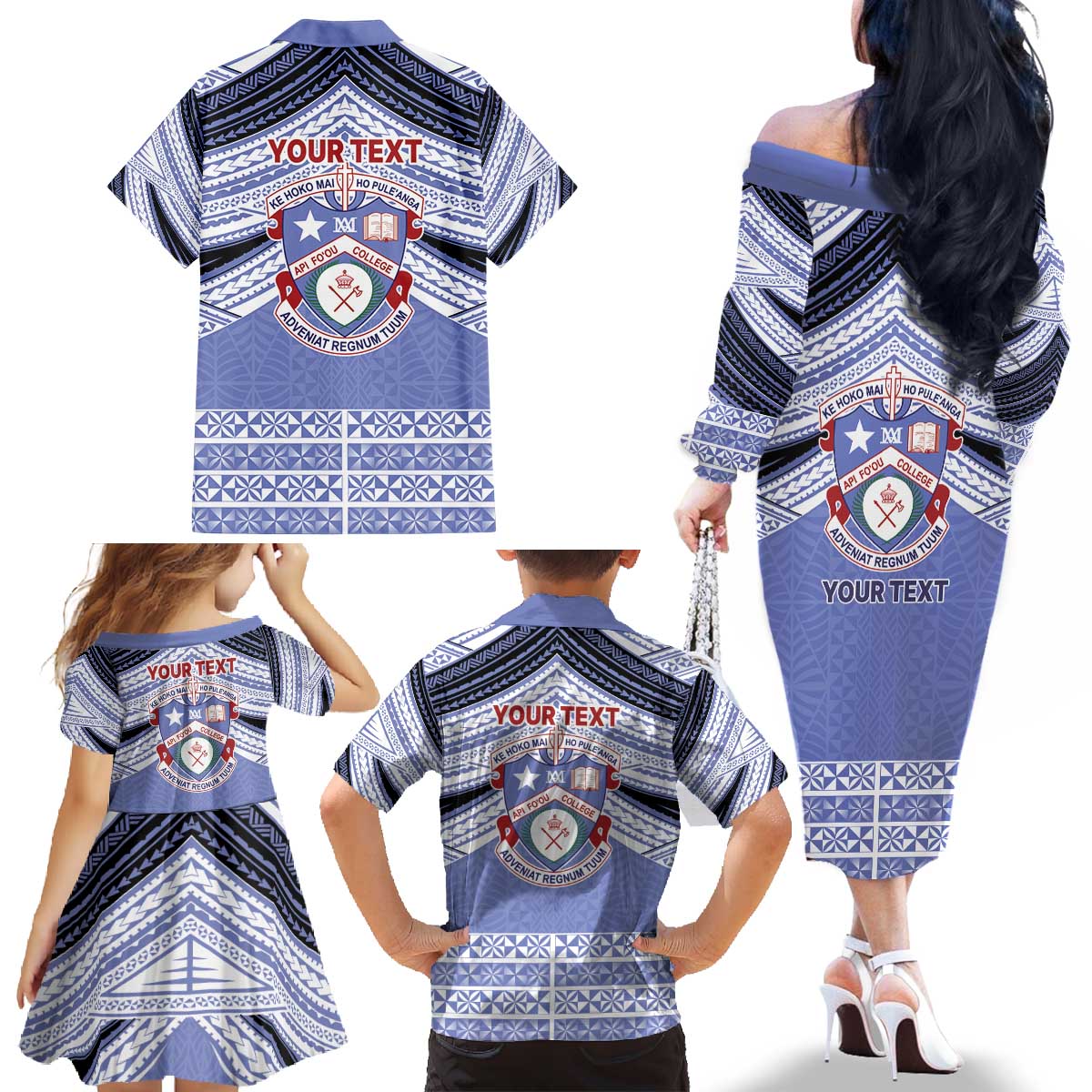 Personalised Tonga Apifoou College Family Matching Off The Shoulder Long Sleeve Dress and Hawaiian Shirt Polynesian Ngatu Tribal