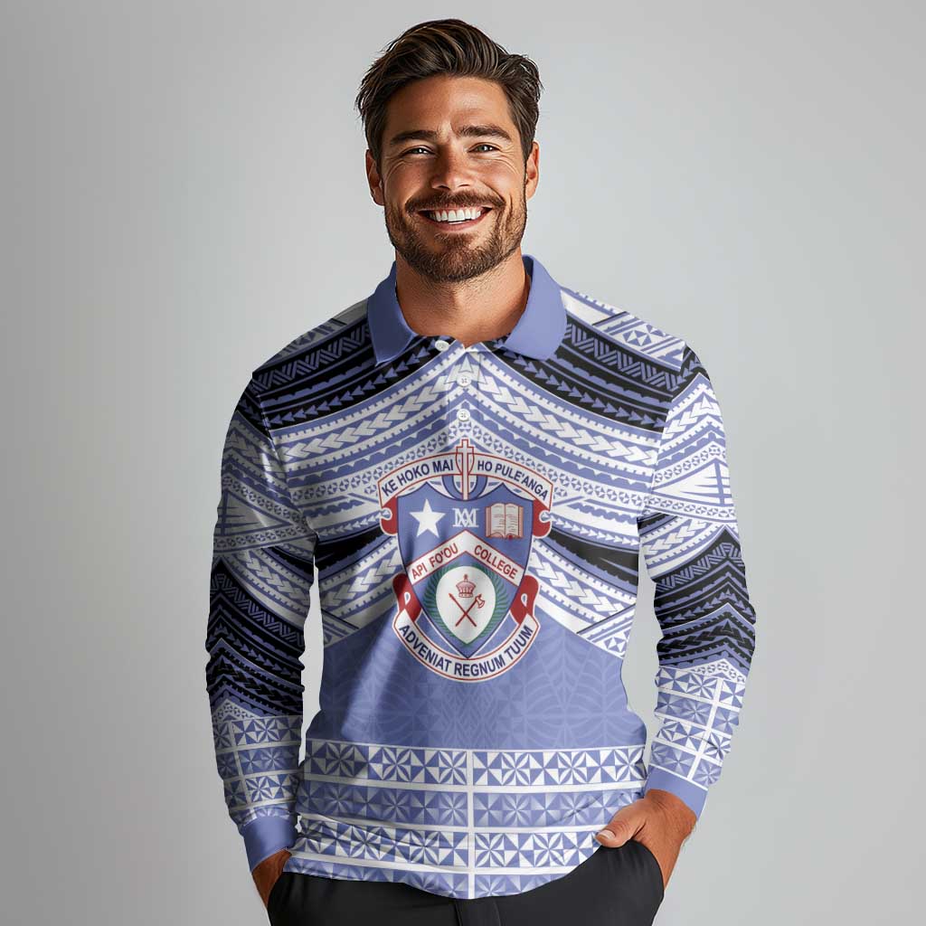 Personalised Tonga Apifoou College Long Sleeve Polo Shirt Polynesian Ngatu Tribal