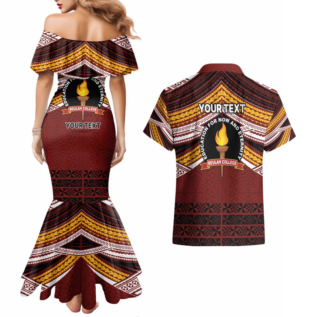 Personalised Tonga Beulah College Couples Matching Mermaid Dress and Hawaiian Shirt Polynesian Ngatu Tribal