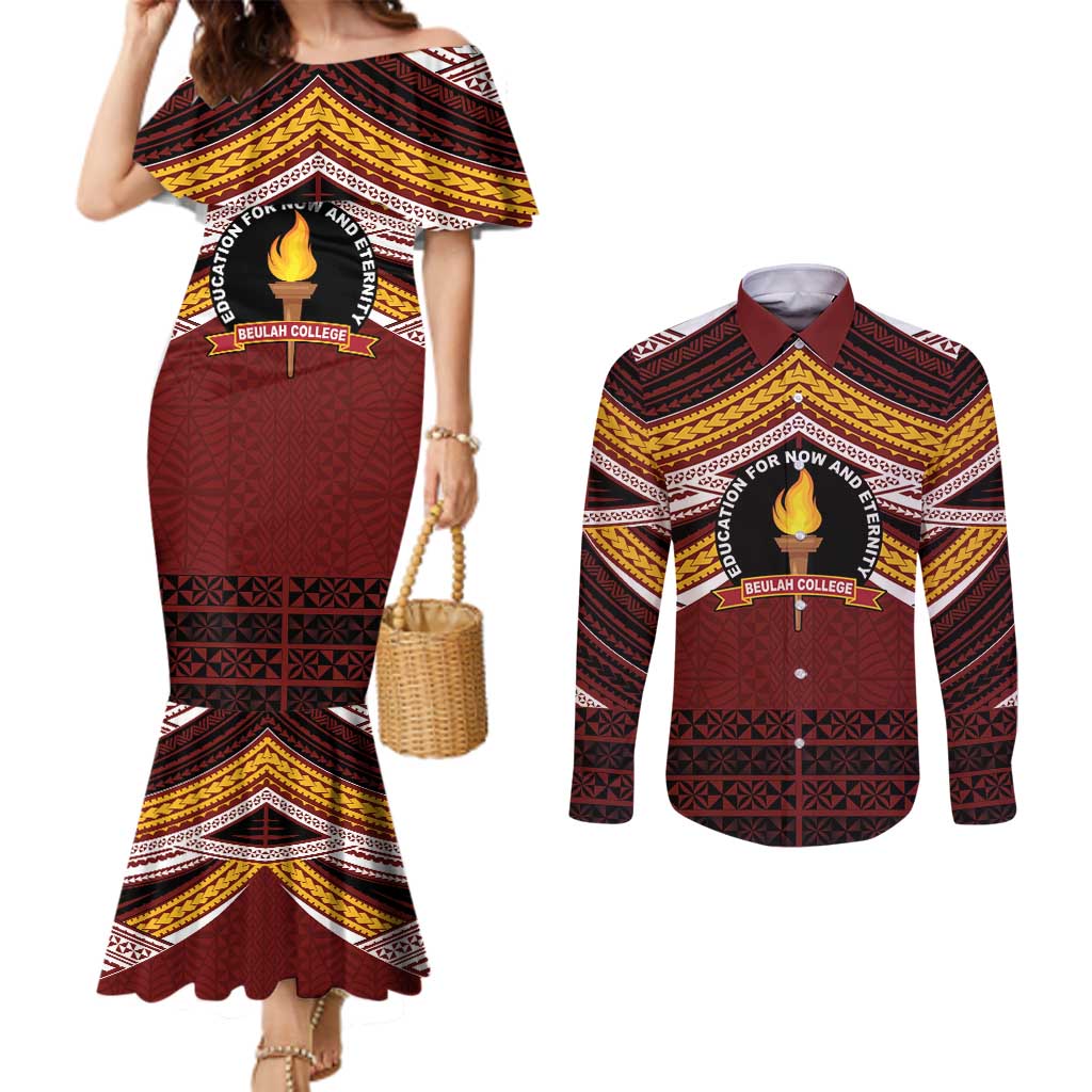 Personalised Tonga Beulah College Couples Matching Mermaid Dress and Long Sleeve Button Shirt Polynesian Ngatu Tribal