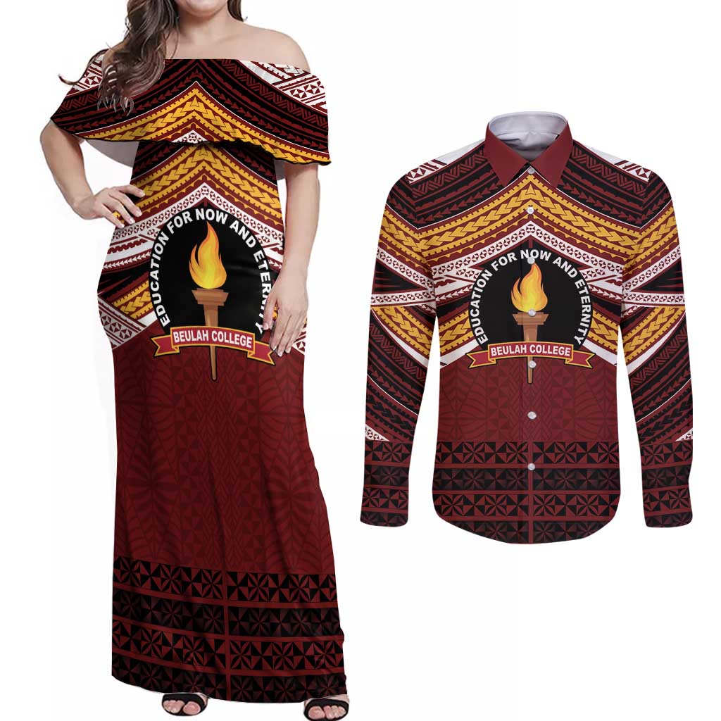 Personalised Tonga Beulah College Couples Matching Off Shoulder Maxi Dress and Long Sleeve Button Shirt Polynesian Ngatu Tribal