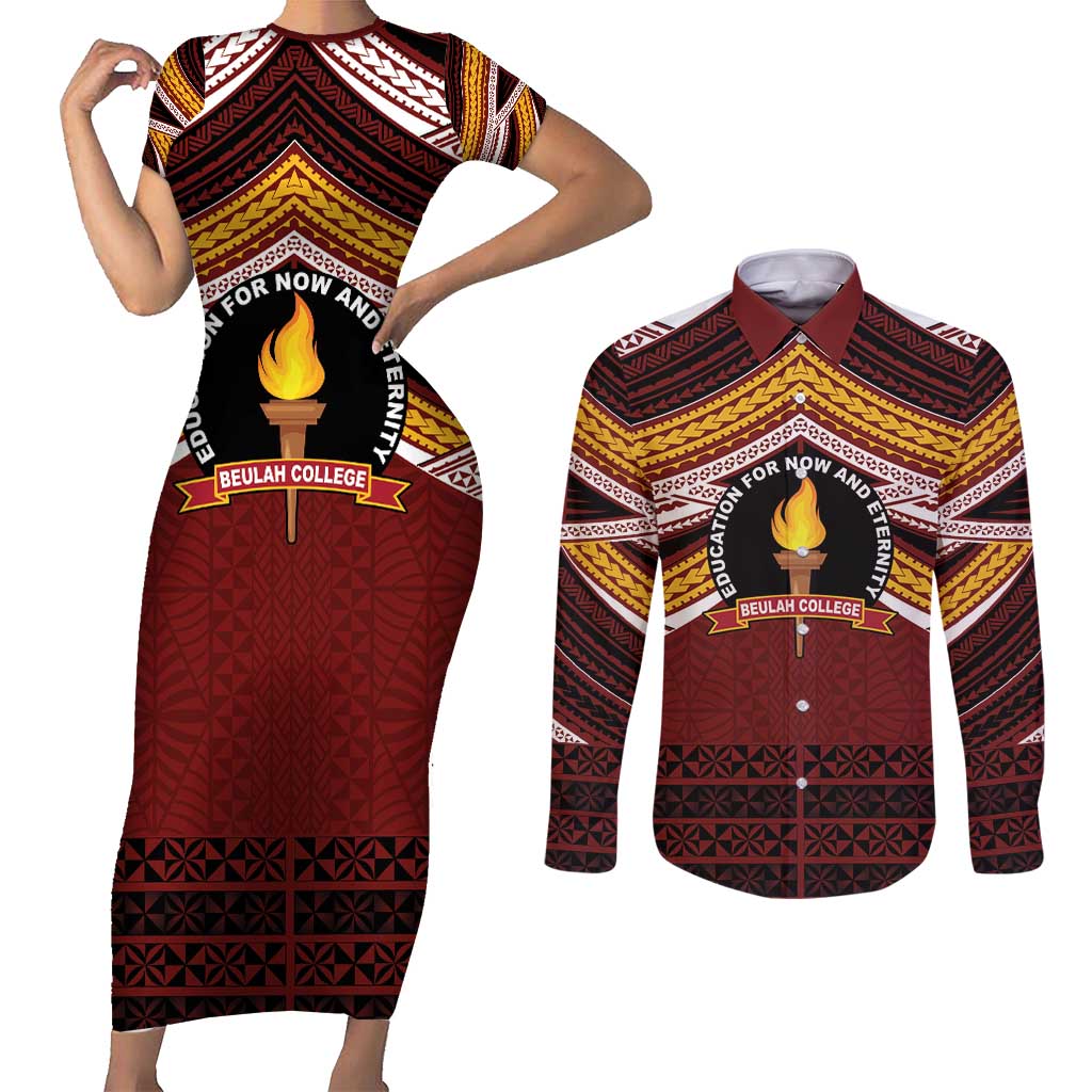 Personalised Tonga Beulah College Couples Matching Short Sleeve Bodycon Dress and Long Sleeve Button Shirt Polynesian Ngatu Tribal