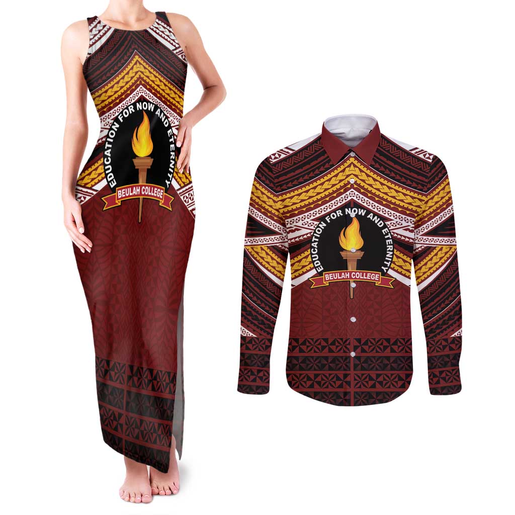Personalised Tonga Beulah College Couples Matching Tank Maxi Dress and Long Sleeve Button Shirt Polynesian Ngatu Tribal
