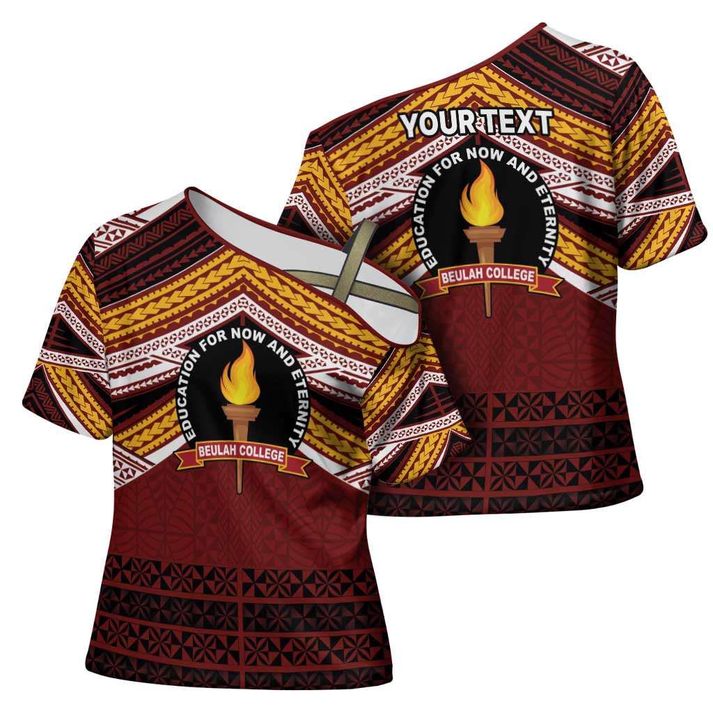 Personalised Tonga Beulah College Cross Shoulder Shirt Polynesian Ngatu Tribal - Polynesian Pride