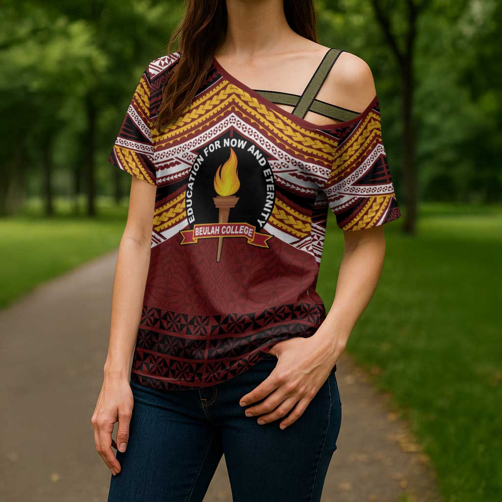 Personalised Tonga Beulah College Cross Shoulder Shirt Polynesian Ngatu Tribal - Polynesian Pride