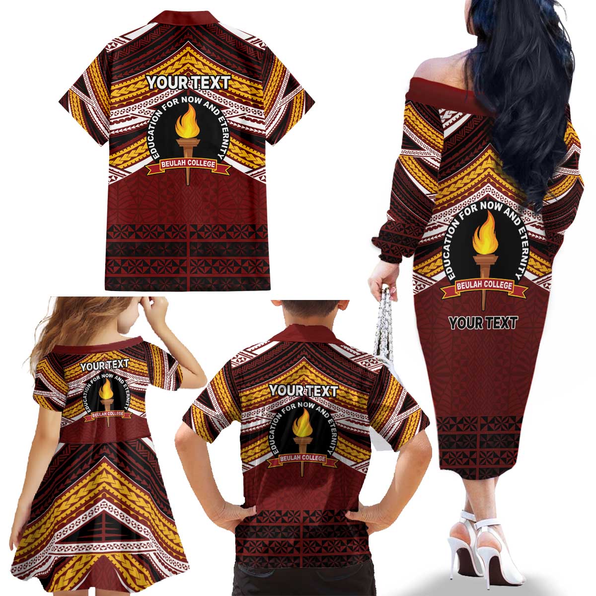 Personalised Tonga Beulah College Family Matching Off The Shoulder Long Sleeve Dress and Hawaiian Shirt Polynesian Ngatu Tribal