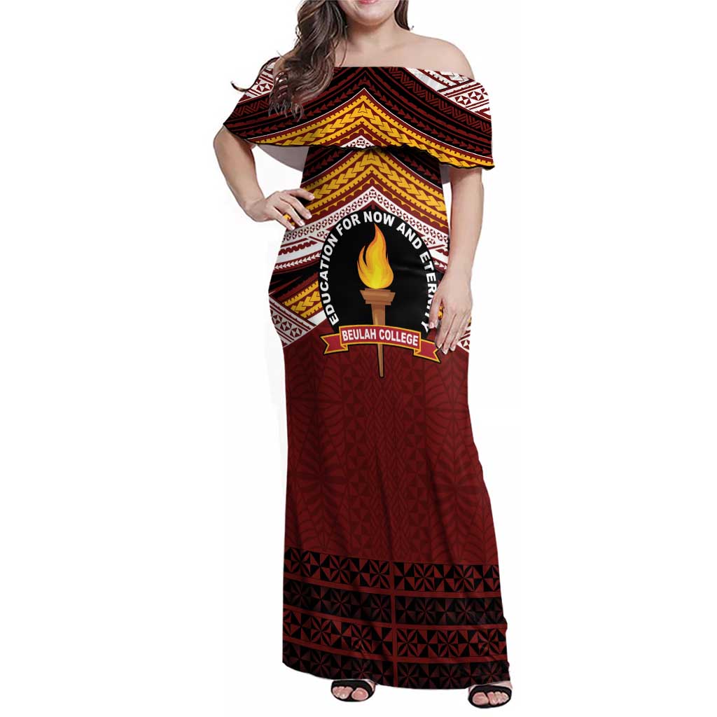 Personalised Tonga Beulah College Family Matching Off Shoulder Maxi Dress and Hawaiian Shirt Polynesian Ngatu Tribal