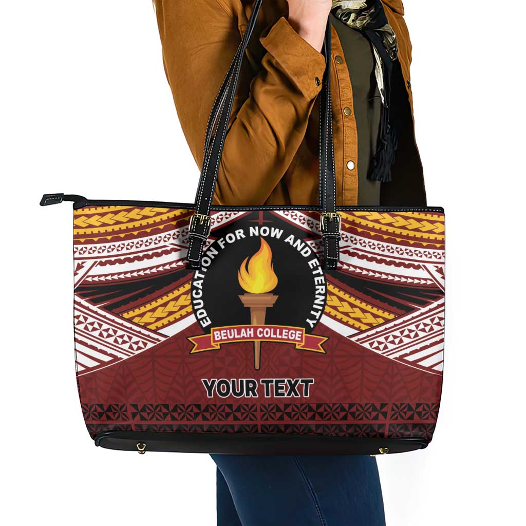 Personalised Tonga Beulah College Leather Tote Bag Polynesian Ngatu Tribal