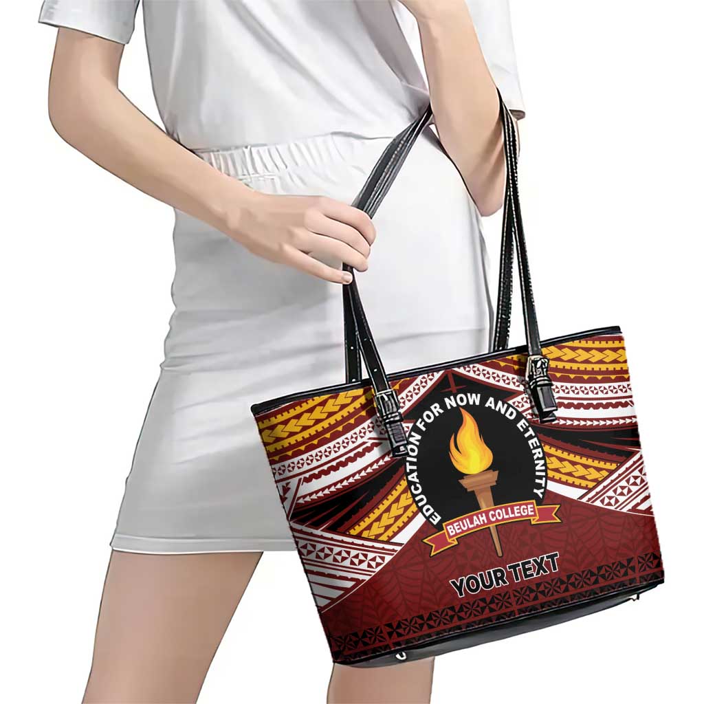 Personalised Tonga Beulah College Leather Tote Bag Polynesian Ngatu Tribal