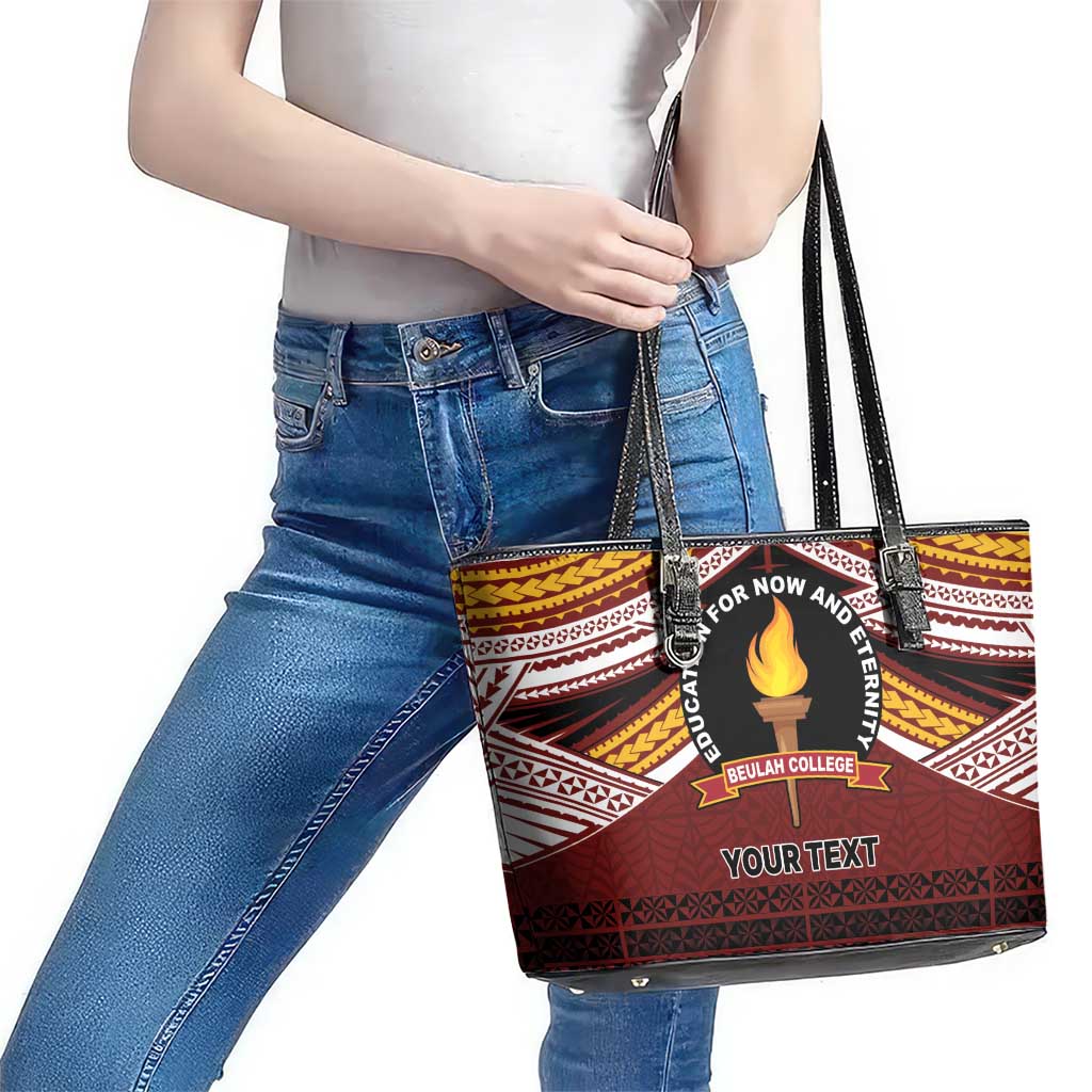 Personalised Tonga Beulah College Leather Tote Bag Polynesian Ngatu Tribal