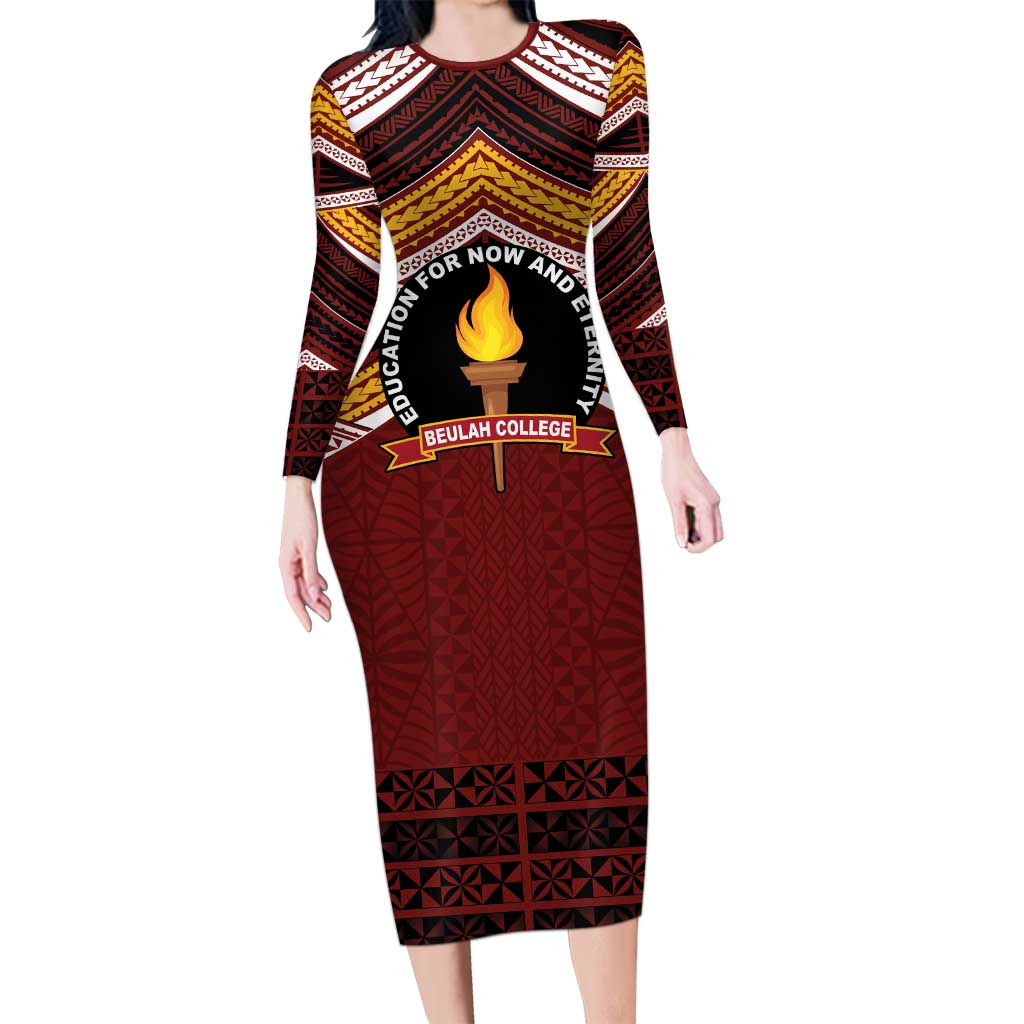 Personalised Tonga Beulah College Long Sleeve Bodycon Dress Polynesian Ngatu Tribal